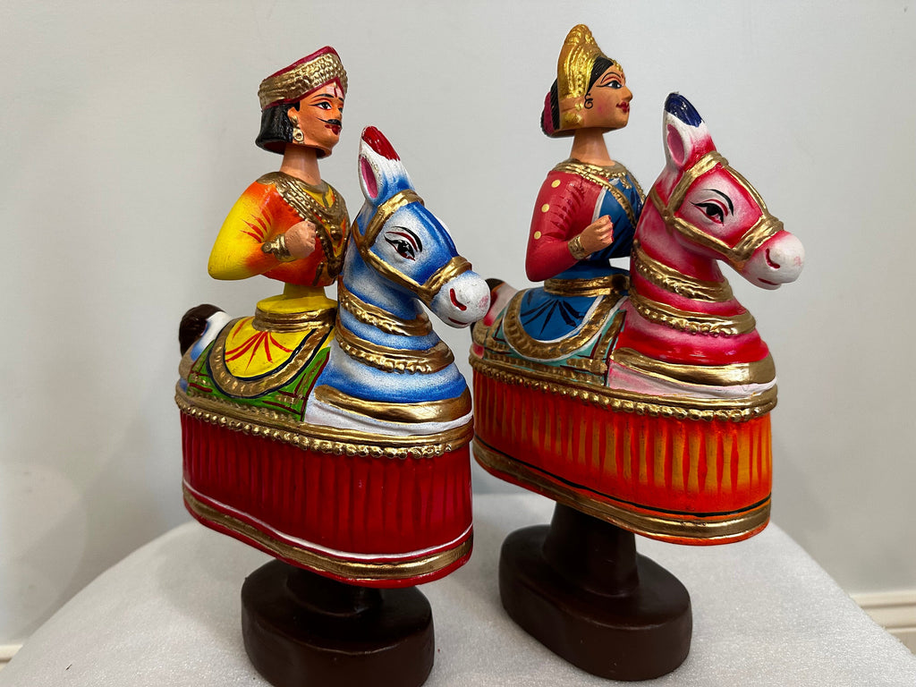Kondapalli king and queen on horseback bobble dolls, paper mache