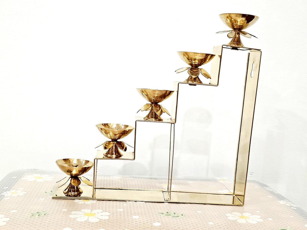 Brass deepam metlu diya stairs, 12 inch stepped brass lamp stand for Diwali