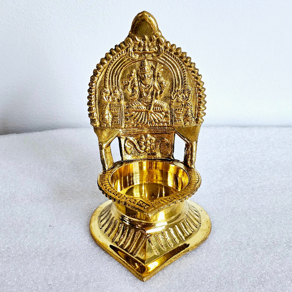 Brass Kamakshi deepam with Goddess Lakshmi, 5 inch pooja lamp