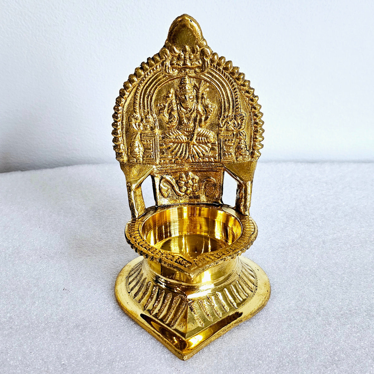 Brass Kamakshi deepam with Goddess Lakshmi, 5 inch pooja lamp
