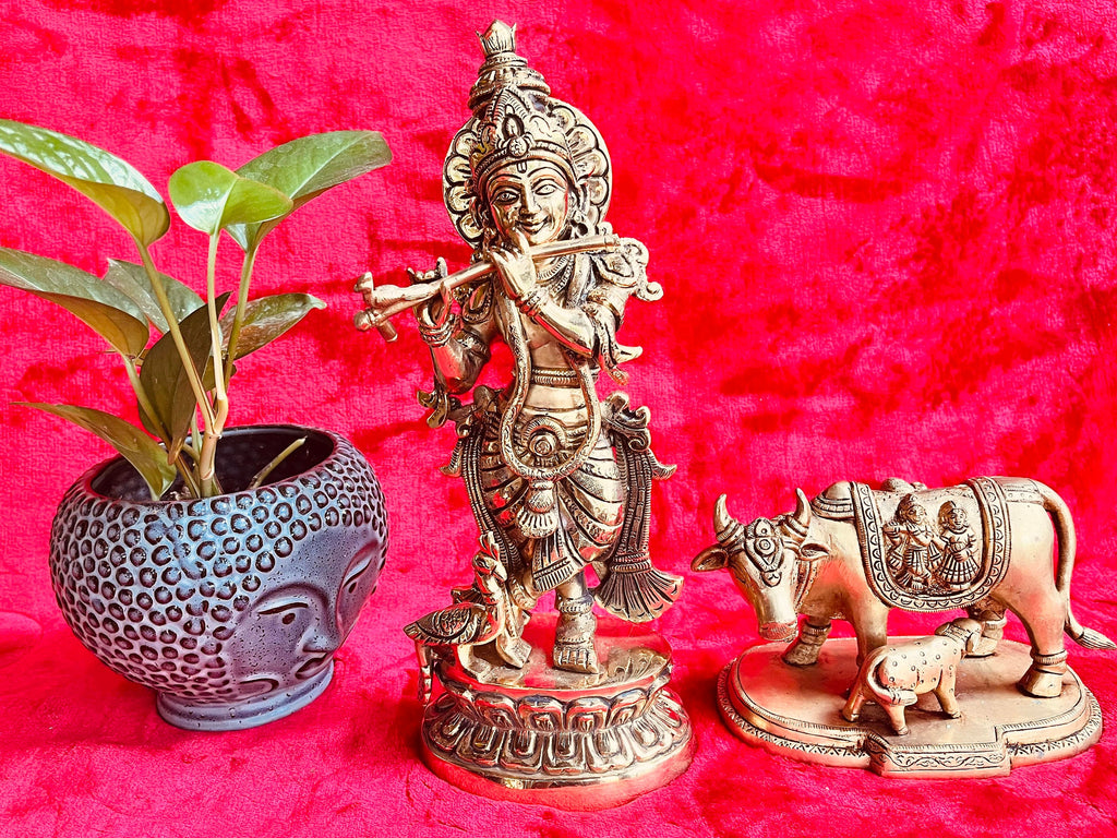 Brass Lord Krishna Statue with Flute - Pooja Mandir Decor