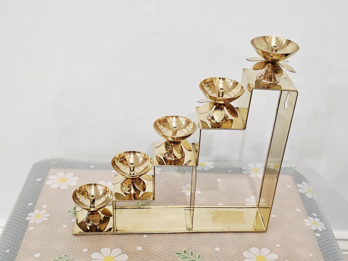 Brass deepam metlu diya stairs, 12 inch stepped brass lamp stand for Diwali