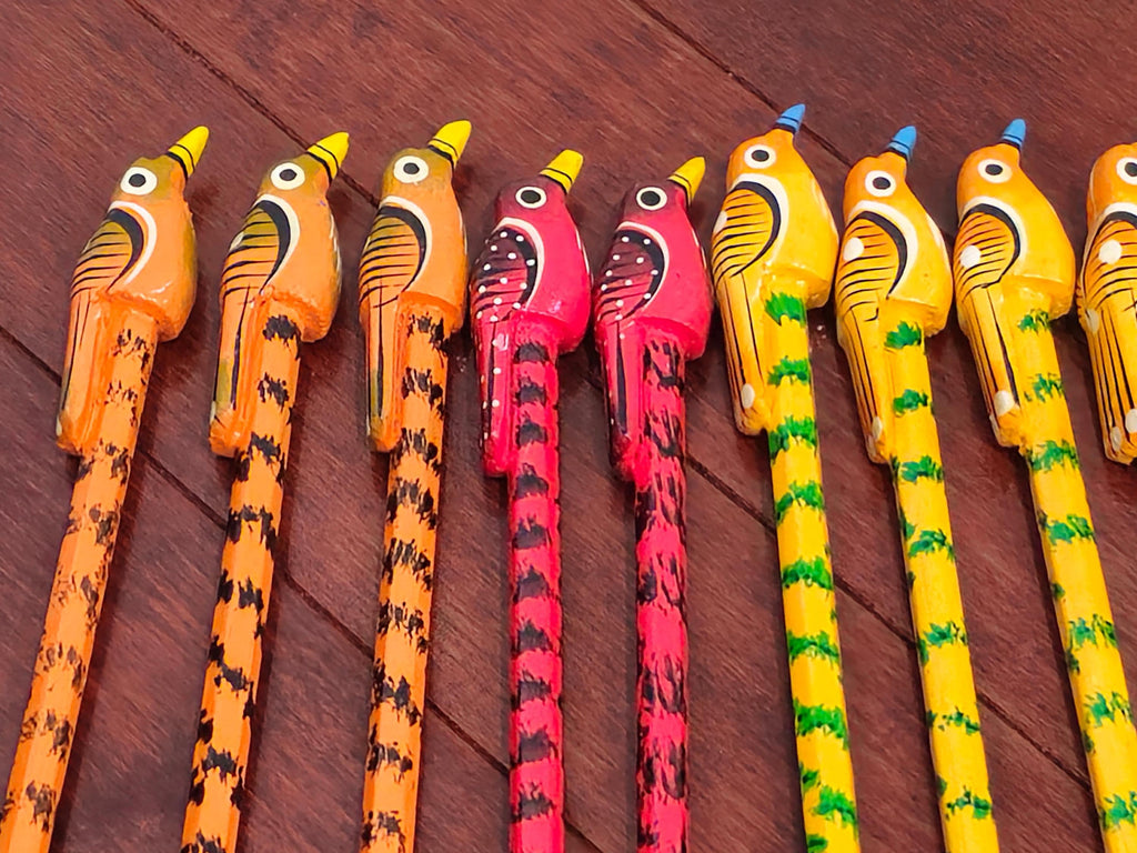 Wooden pencils with painted animal and bird toppers for kids