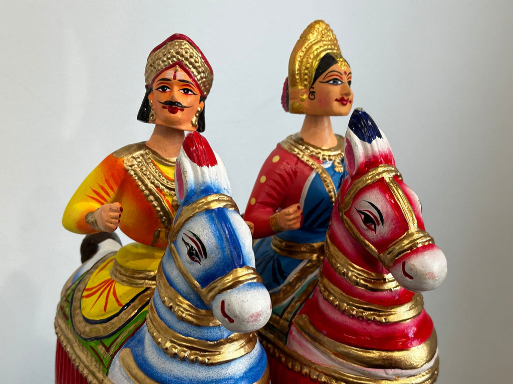 Kondapalli king and queen on horseback bobble dolls, paper mache