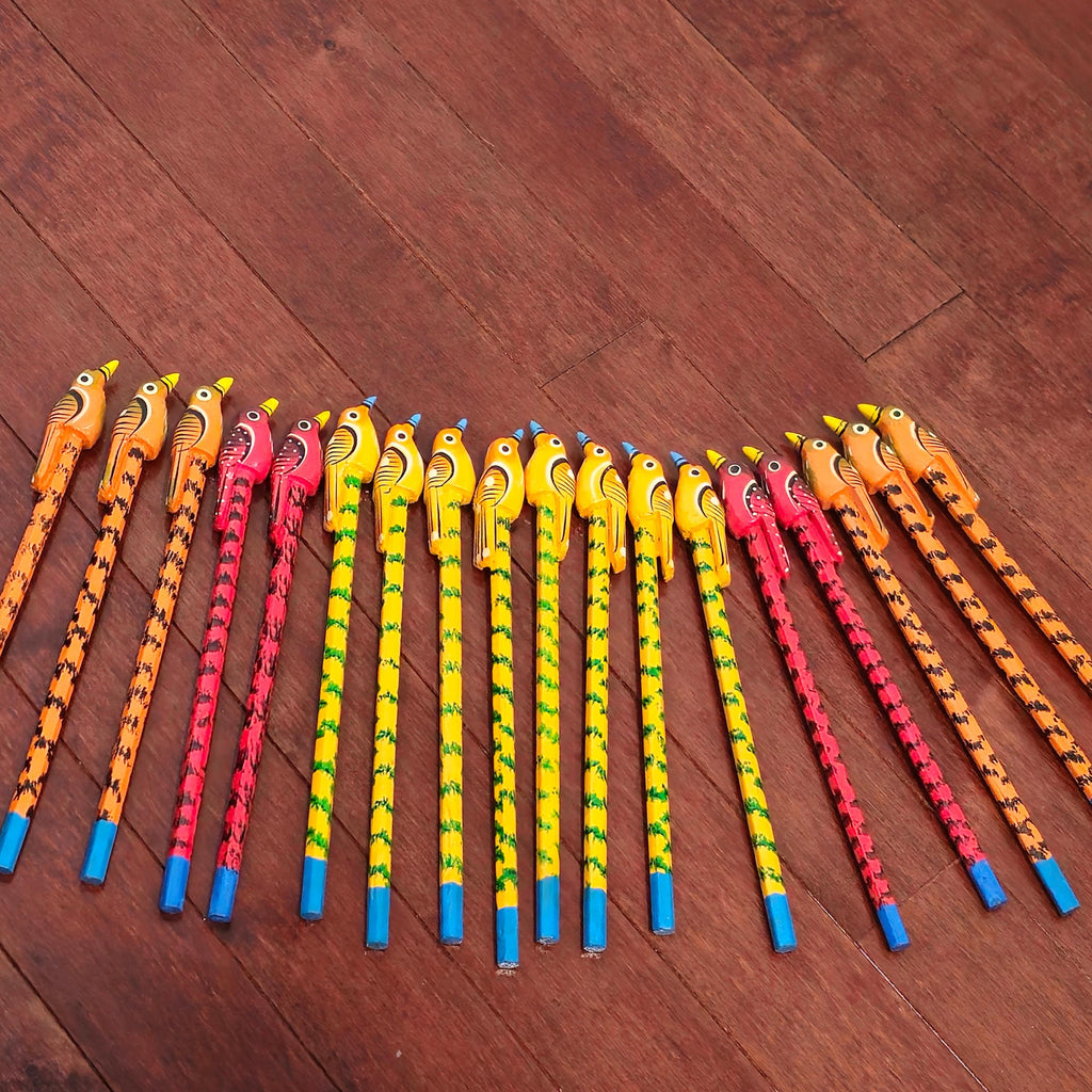 Wooden pencils with painted animal and bird toppers for kids