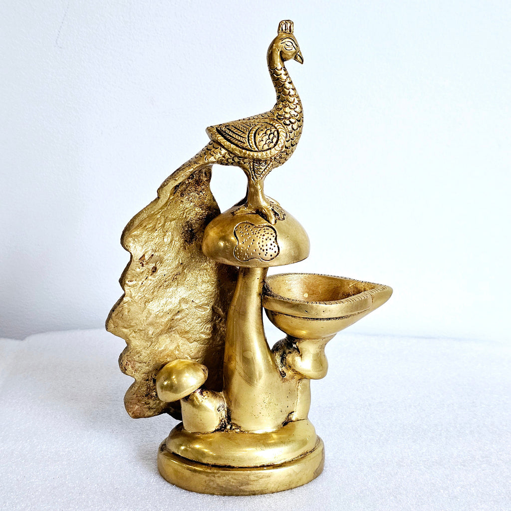 Brass peacock diya lamp (vilakku), 8.5 inch, for Diwali and pooja