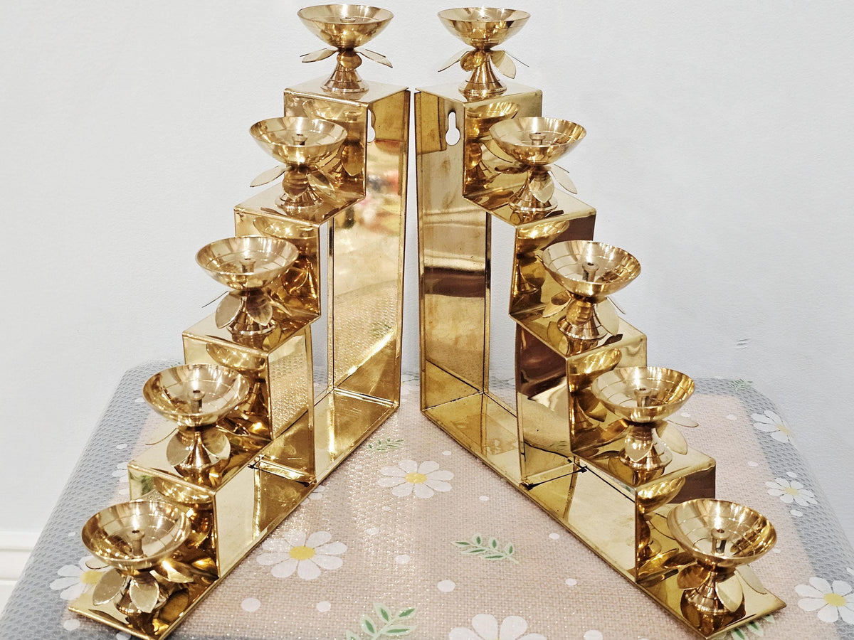 Brass deepam metlu diya stairs, 12 inch stepped brass lamp stand for Diwali