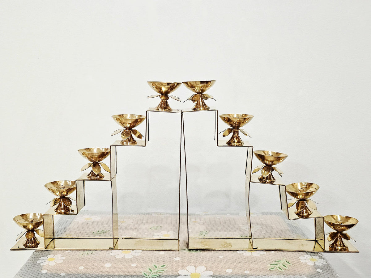 Brass deepam metlu diya stairs, 12 inch stepped brass lamp stand for Diwali
