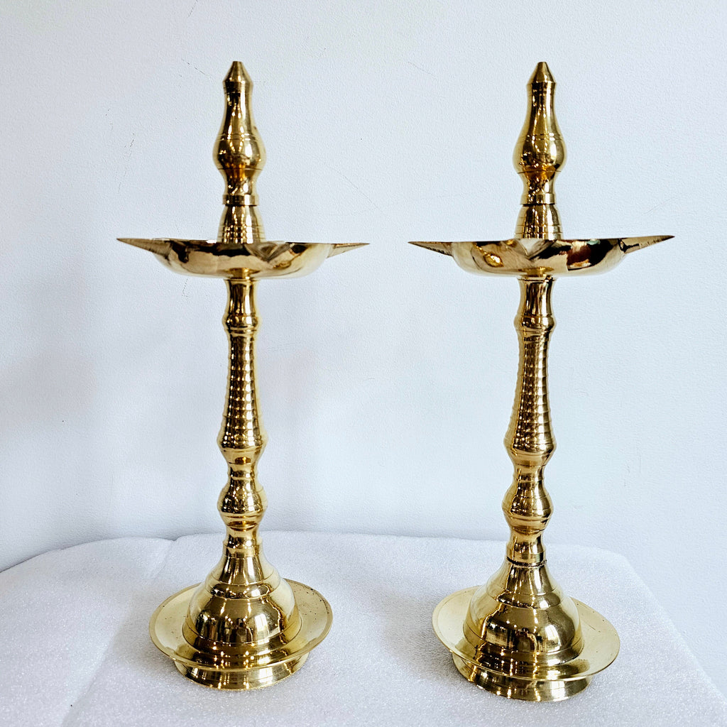 Pair of brass tower oil lamps (deepalu), 13.5 inch