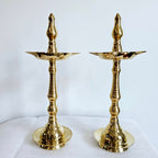 Pair of brass tower oil lamps (deepalu), 13.5 inch
