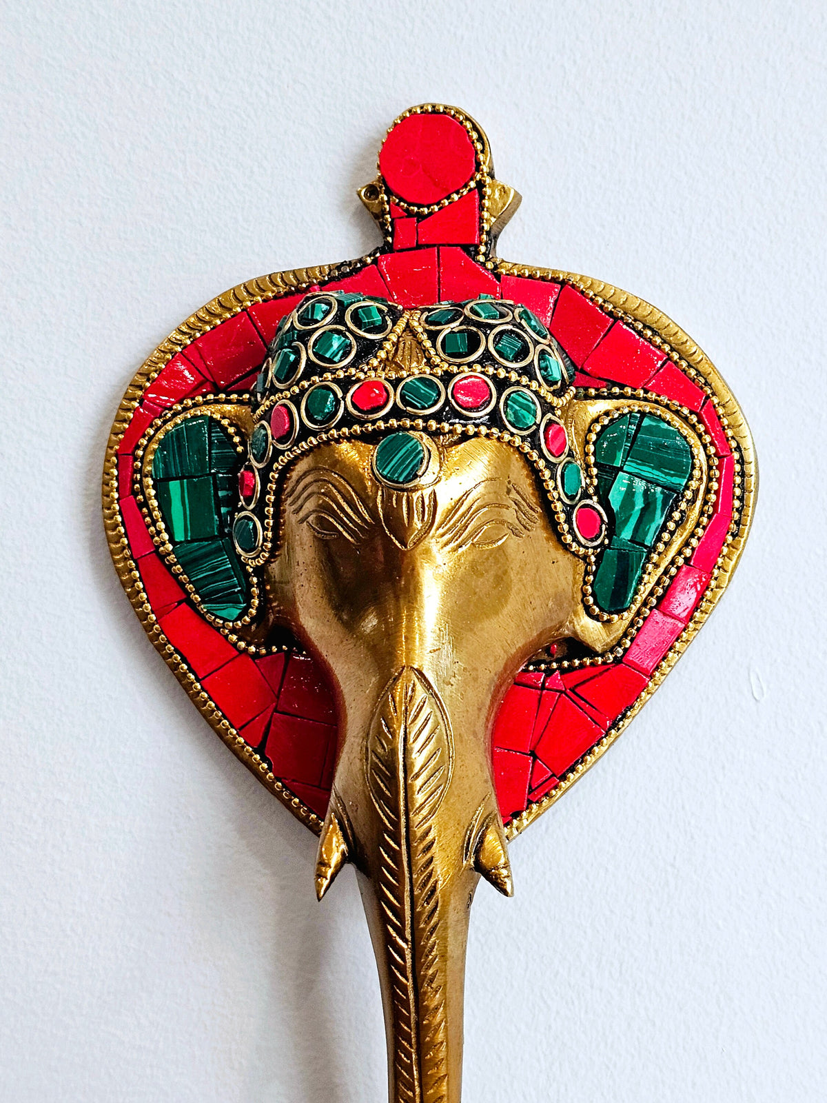 Brass Ganesha wall hanging with diya and bell, 11 inch