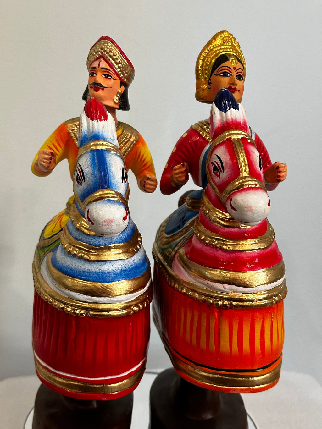Kondapalli king and queen on horseback bobble dolls, paper mache