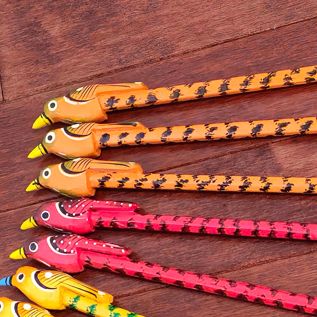 Wooden pencils with painted animal and bird toppers for kids