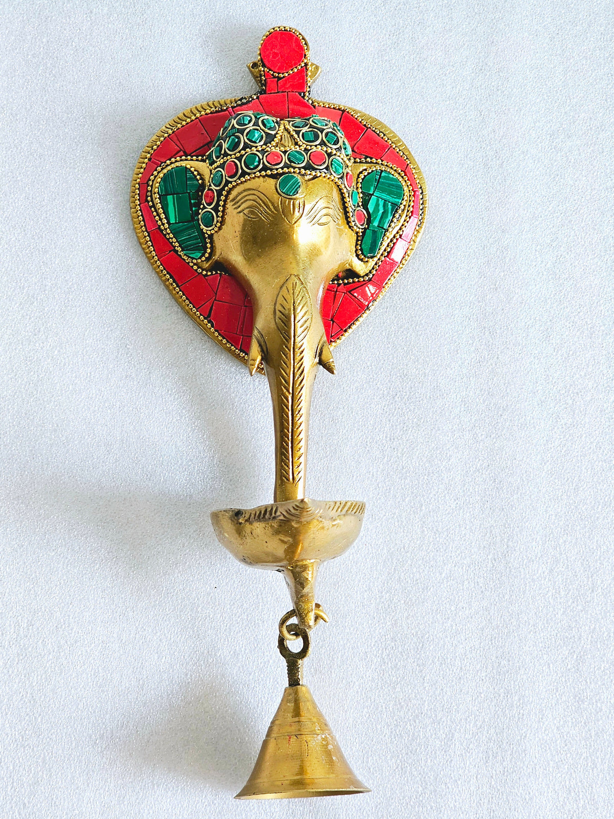 Brass Ganesha wall hanging with diya and bell, 11 inch
