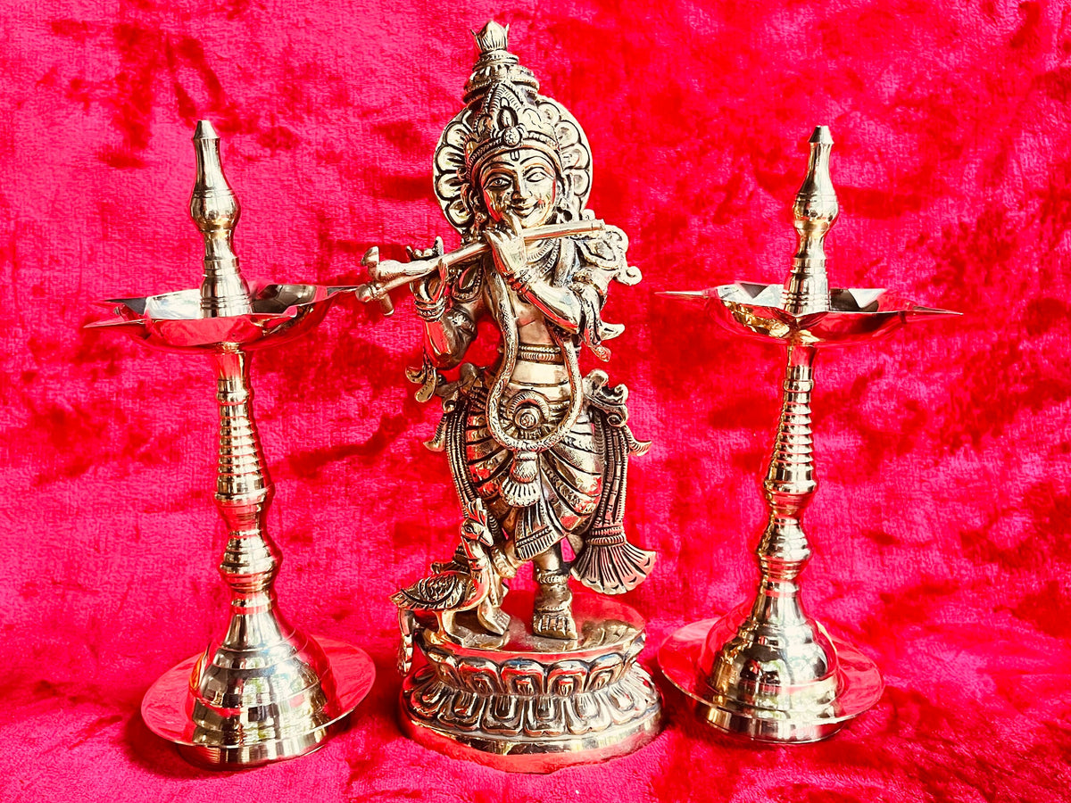Brass Lord Krishna Statue with Flute - Pooja Mandir Decor