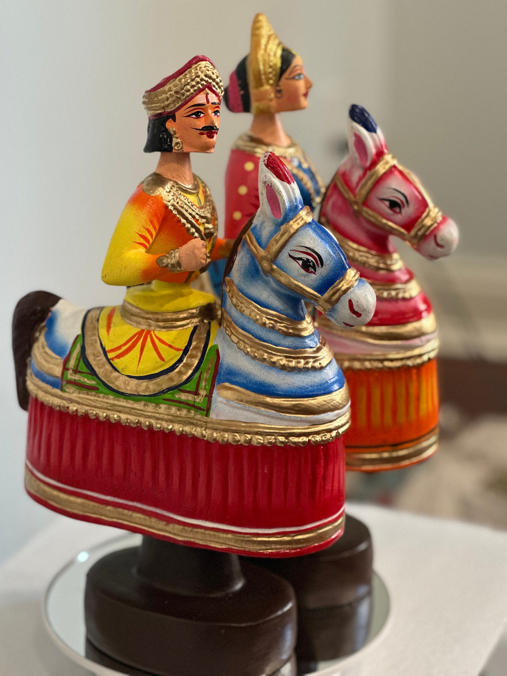 Kondapalli king and queen on horseback bobble dolls, paper mache